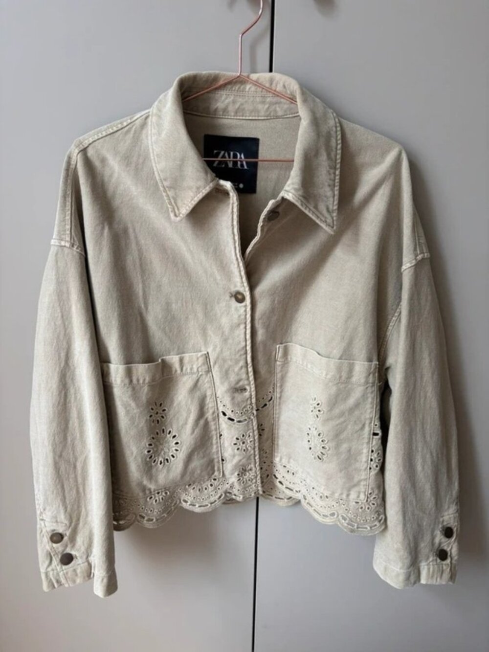 Light Beige Denim Jacket with Eyelet Embroidery and Scalloped Hem, Size S